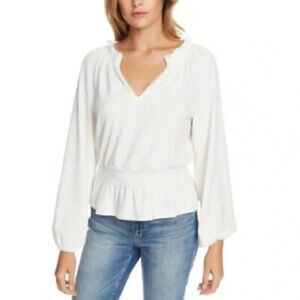 1.State Womens White Smocked Mock Neck V-Neck Blouse Top Size S